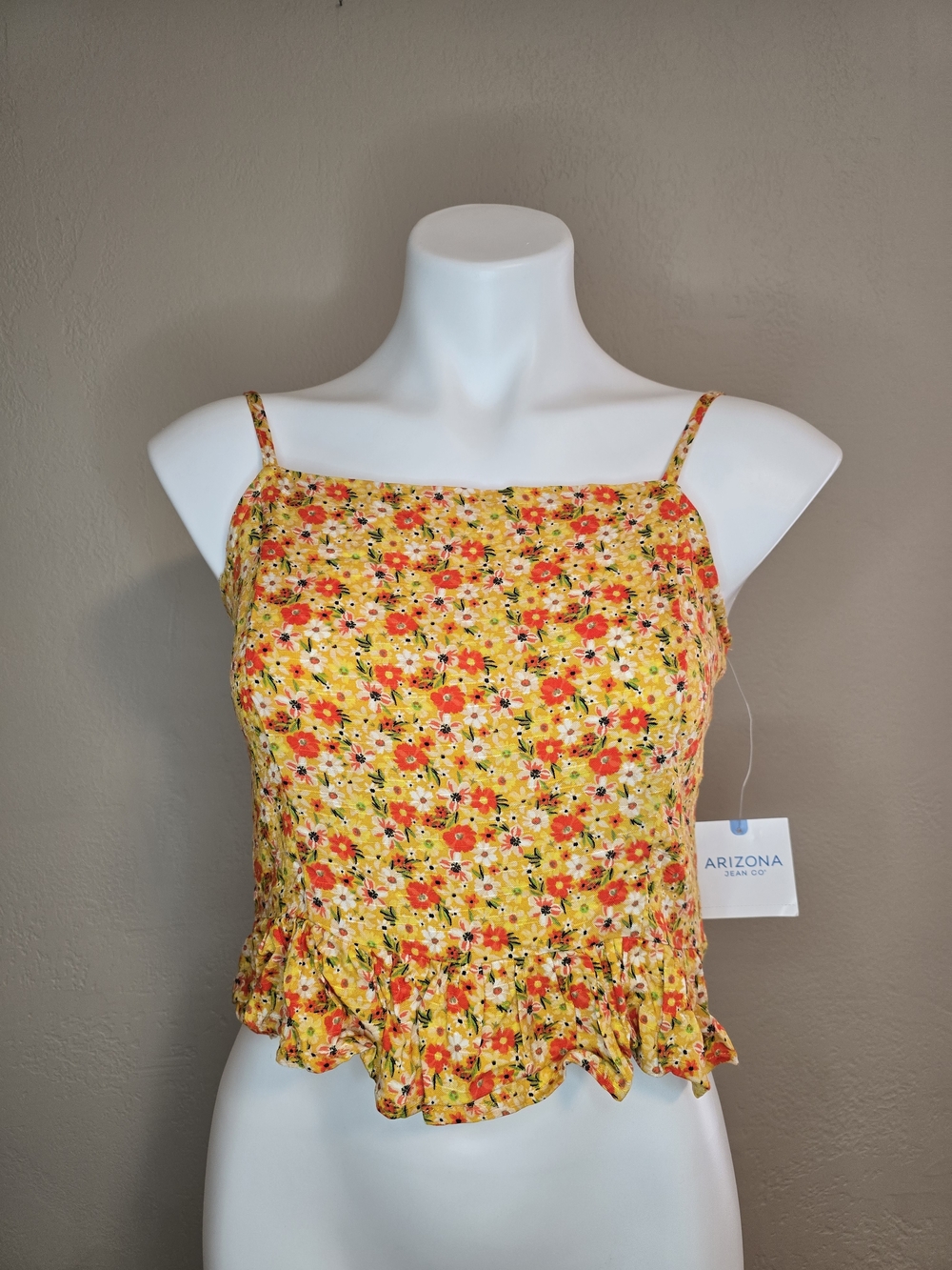Arizona Jean Company Floral Ruffle Hem Yellow Tank Top Small